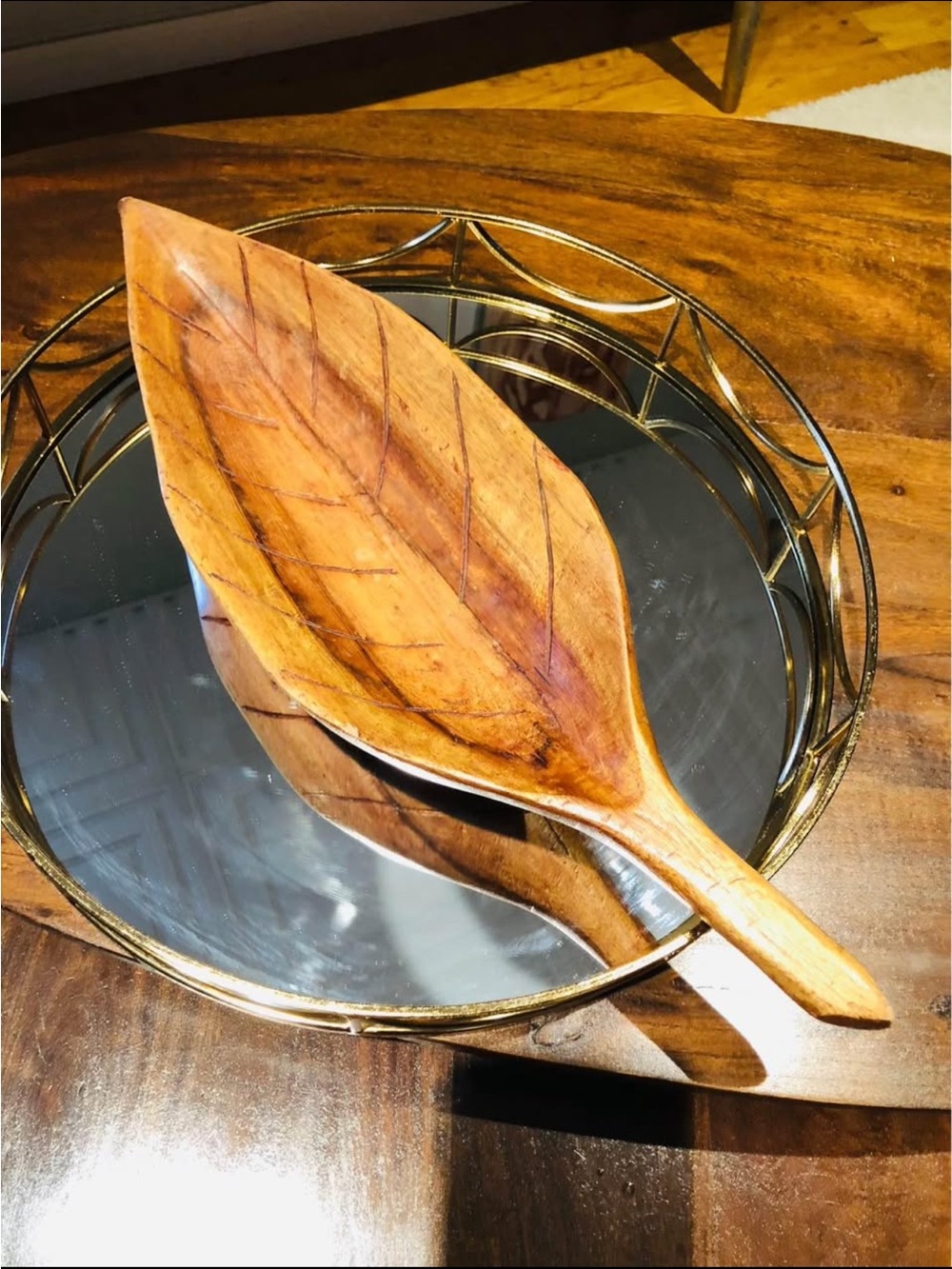 Hand-Carved Wooden Leaf Serving Tray - Natural Brown